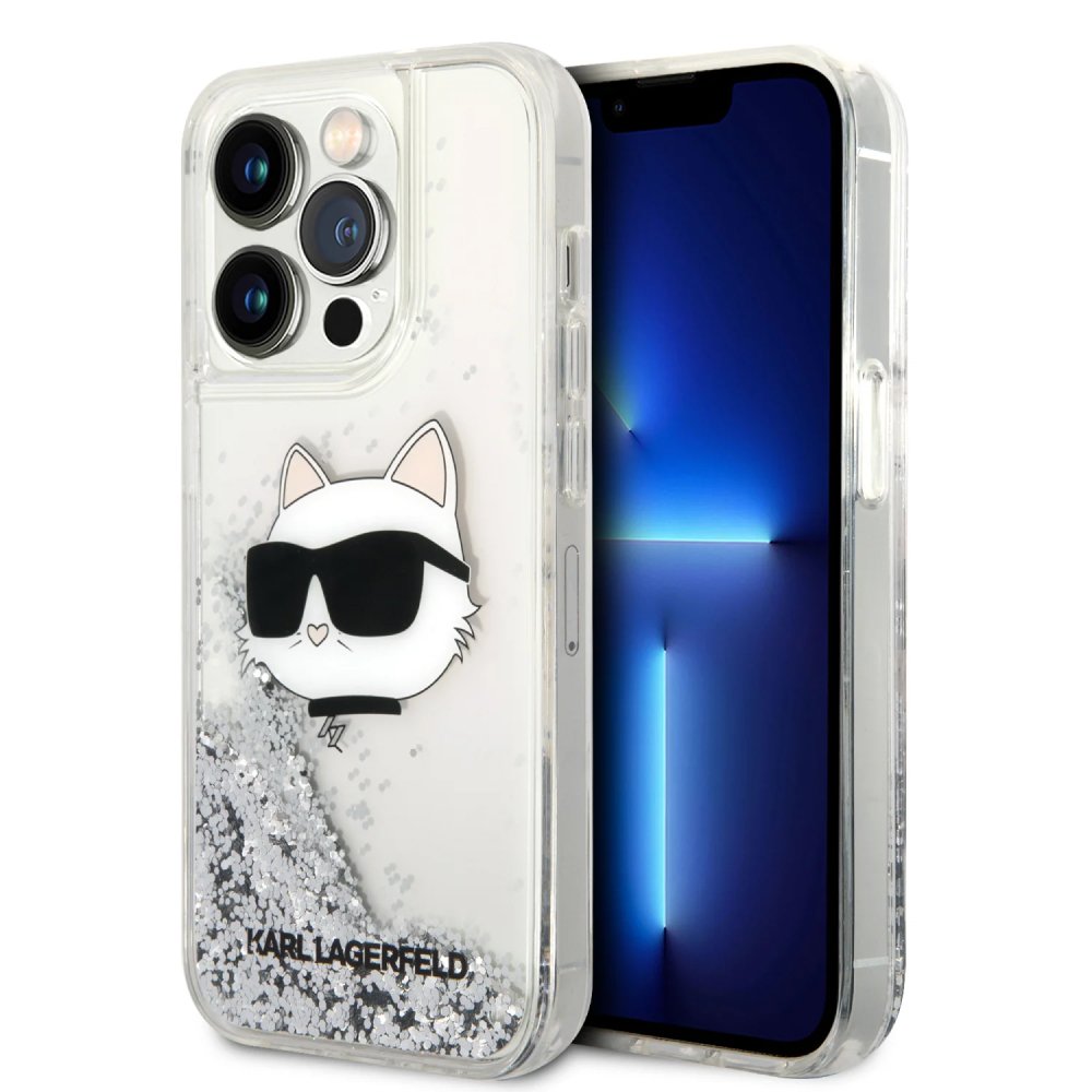 Чехол Lagerfeld Liquid Glitter NFT Choupette head Hard для iPhone 15 Pro. Цвет: серебристый