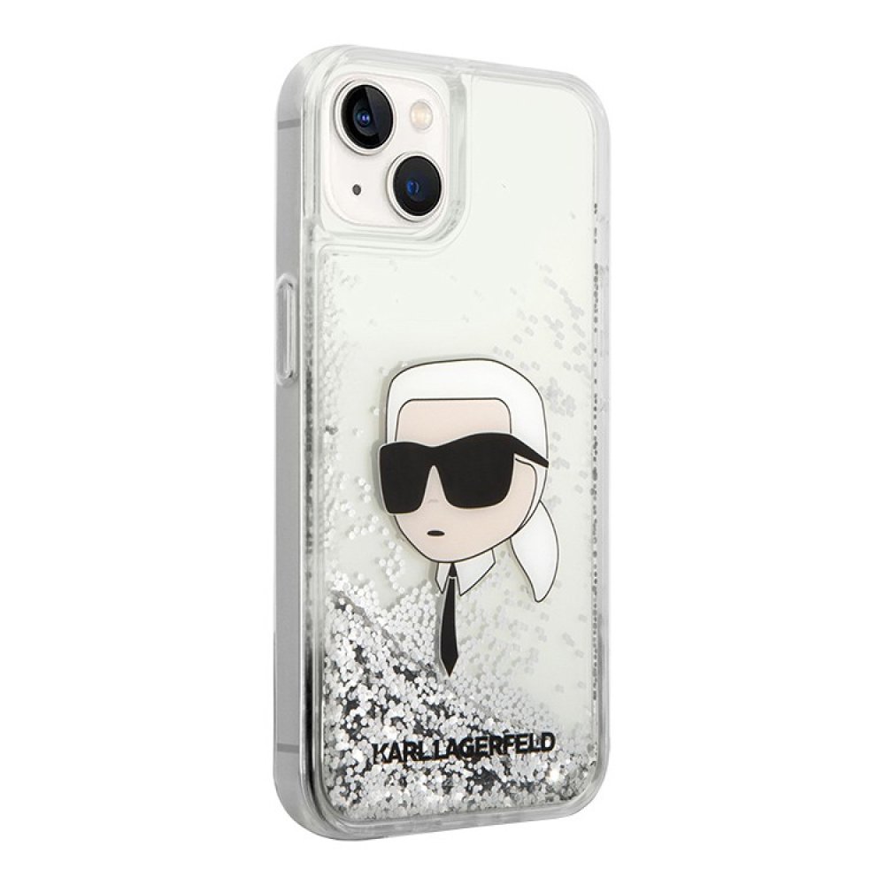 Чехол Lagerfeld для iPhone 15 Liquid Glitter NFT Karl head Hard. Цвет: серебристый