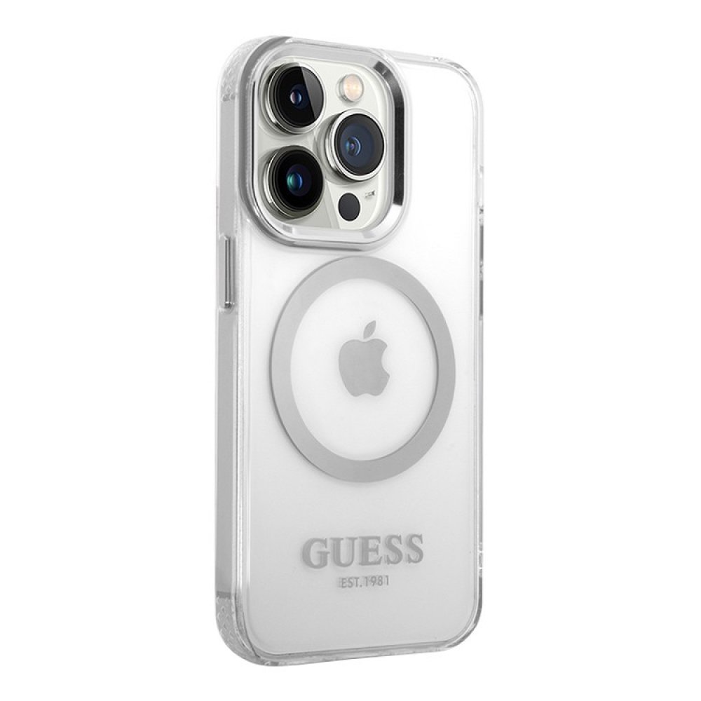 Чехол Guess PC/TPU Metal outline Hard MagSafe для iPhone 15 Pro Max. Цвет: прозрачный/серебристый