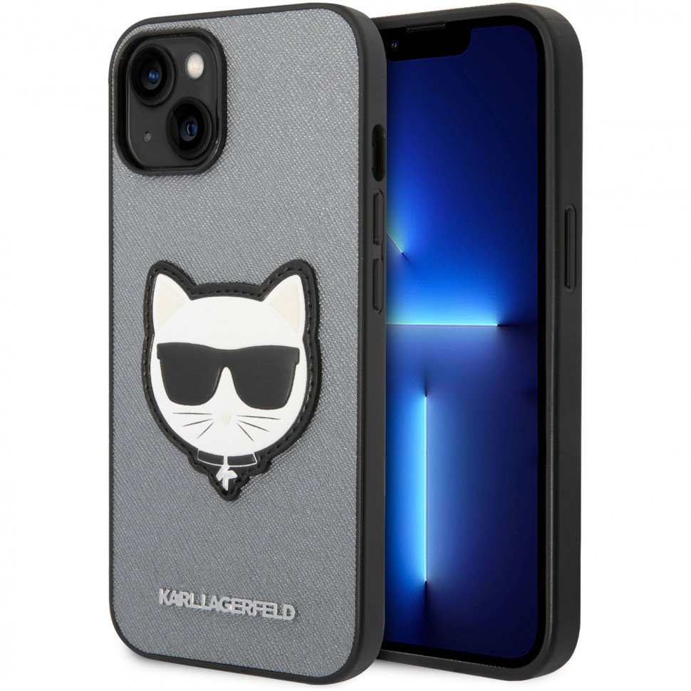 Чехол Lagerfeld для iPhone 14 PU Saffiano Choupette head Patch Hard. Цвет: серебристый