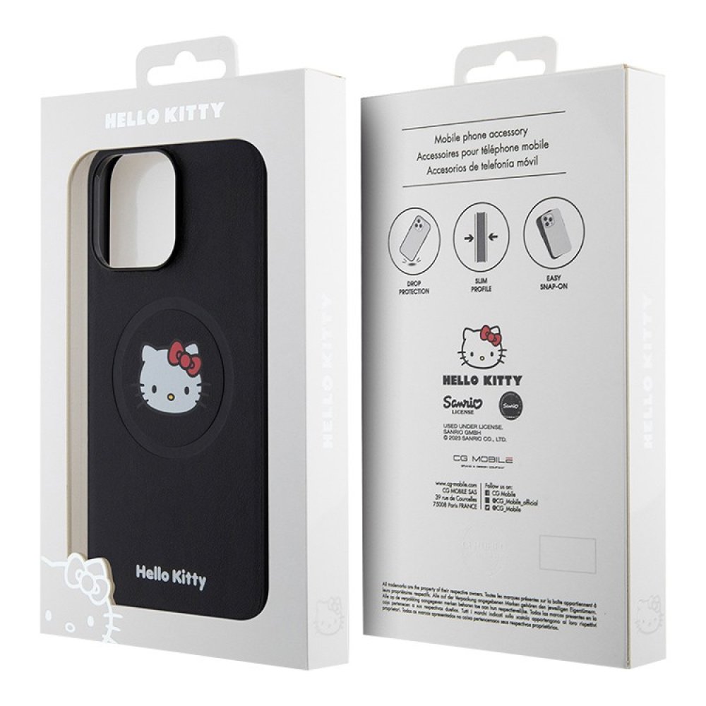 Чехол Hello Kitty PU Leather Kitty Head Hard MagSafe для iPhone 15 Pro. Цвет: черный