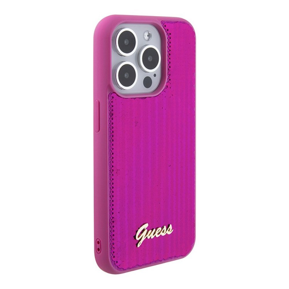 Чехол Guess Sequins Script metal logo Hard для iPhone 15 Pro. Цвет: фуксия