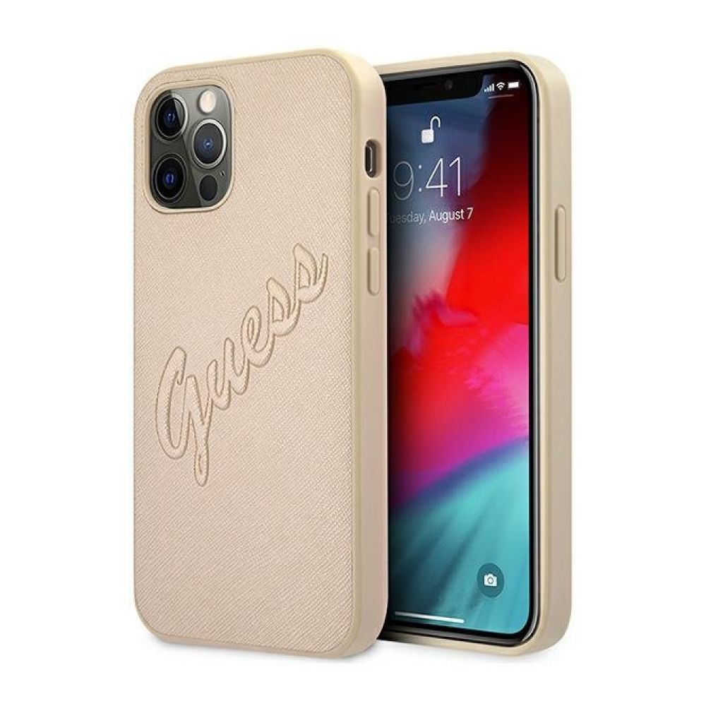 Чехол Guess для iPhone 12 Pro Max Saffiano Script embossed logo. Цвет: золотой