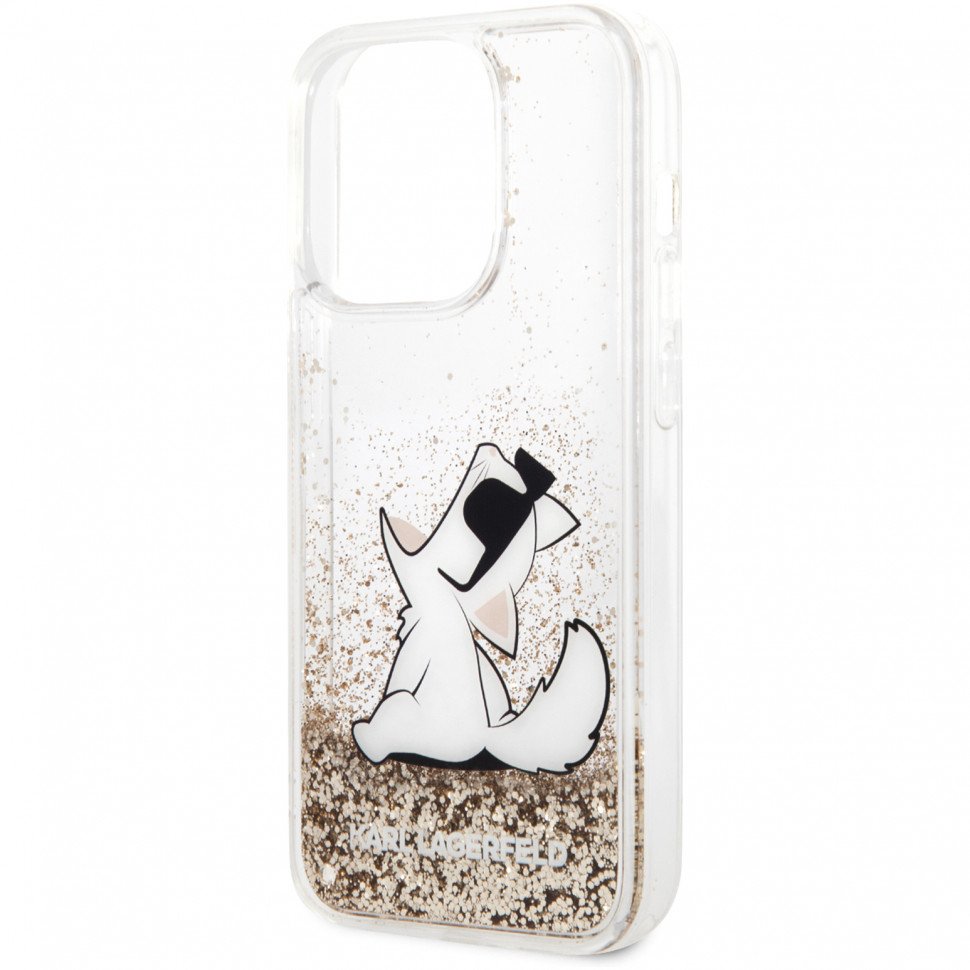 Чехол Lagerfeld для iPhone 14 Pro Max Liquid glitter Choupette Fun Hard. Цвет: золотой