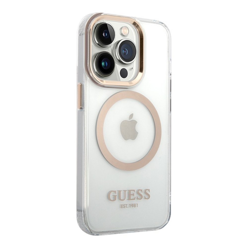 Чехол Guess PC/TPU Metal outline Hard MagSafe для iPhone 15 Pro Max. Цвет: прозрачный/золотой