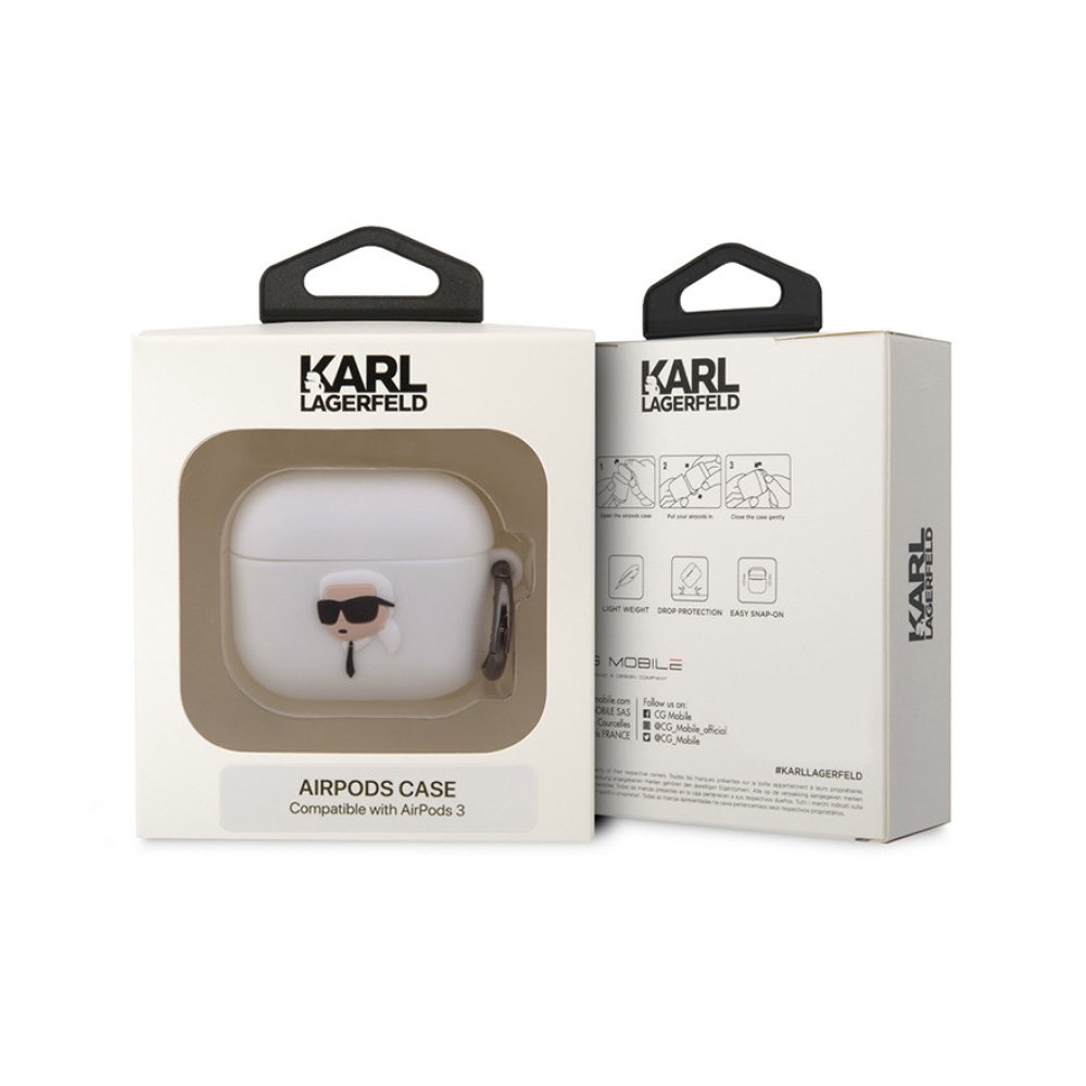 Чехол Lagerfeld NFT 3D Karl для AirPods 3 с кольцом, силикон. Цвет: белый