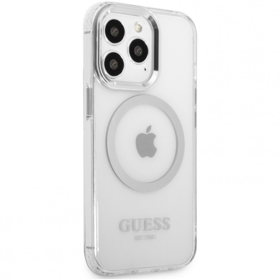 Чехол Guess для iPhone 13 Pro PC/TPU Metal outline Hard (Magsafe). Цвет: прозрачный/серебристый