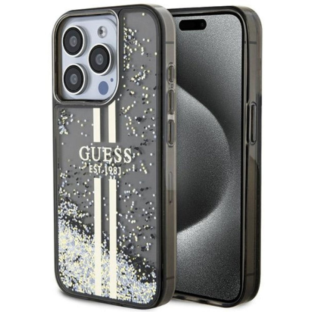 Чехол Guess Liquid Glitter Gold Stripes Hard для iPhone 15 Pro Max. Цвет: черный