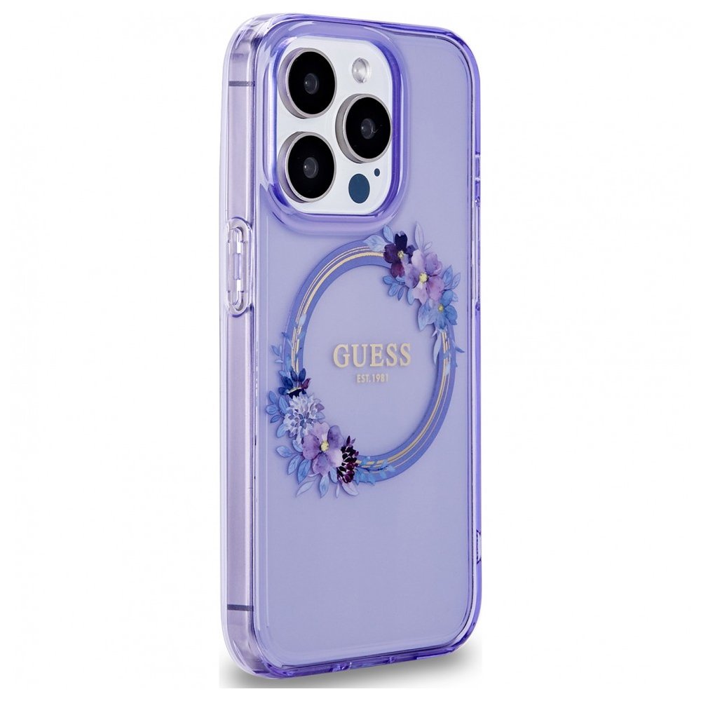 Чехол Guess PC/TPU Flowers Wreath Hard MagSafe для iPhone 15 Pro. Цвет: фиолетовый