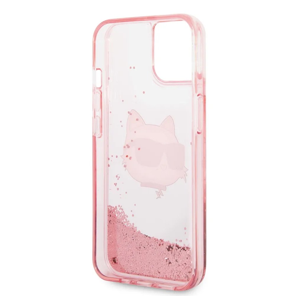 Чехол Lagerfeld для iPhone 15 Liquid Glitter NFT Choupette head Hard. Цвет: розовый