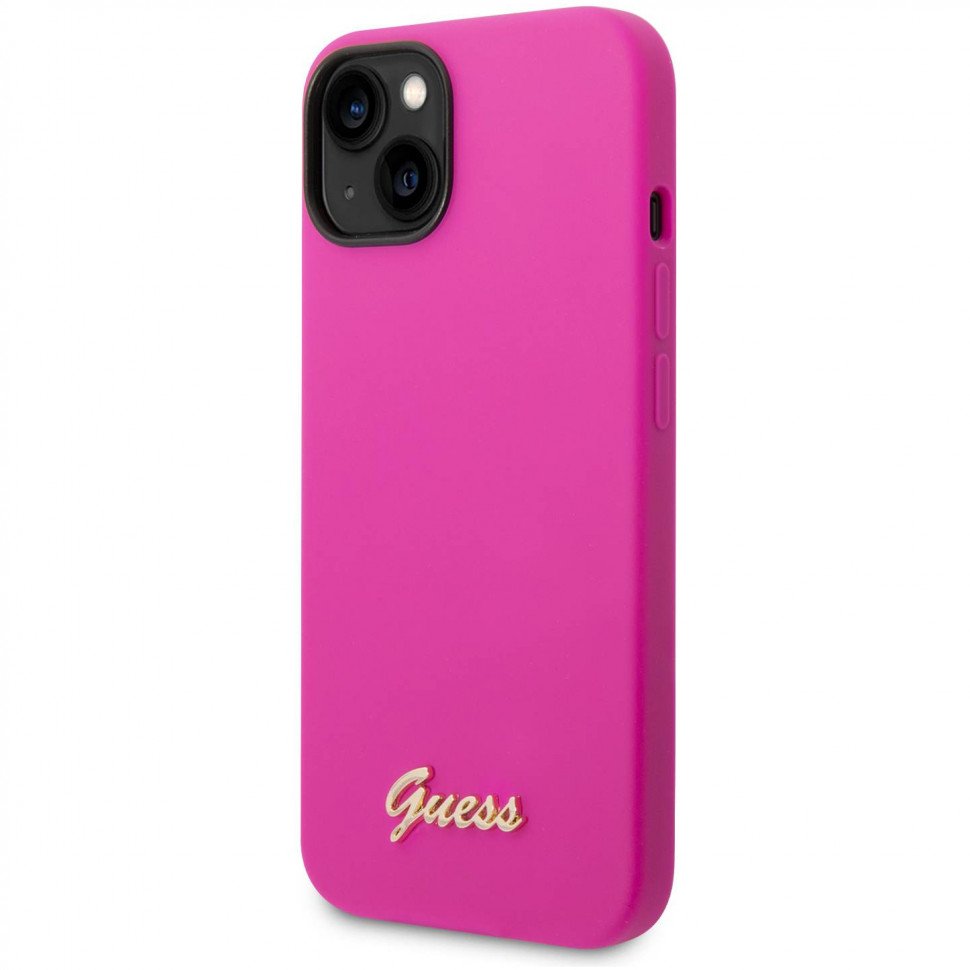 Чехол Guess для iPhone 14 Liquid silicone Gold metal logo Hard. Цвет: фуксия