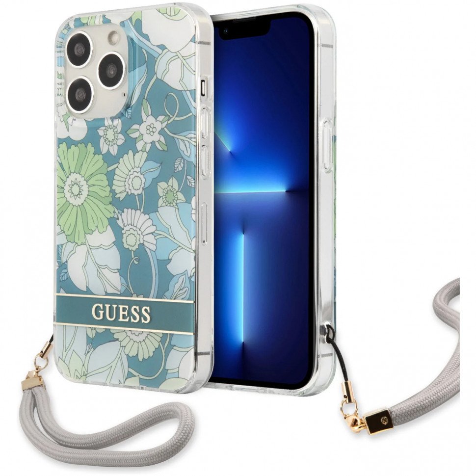 Чехол Guess для iPhone 13 Pro Max PC/TPU Flower pattern Hard + Hand cord. Цвет: зелёный