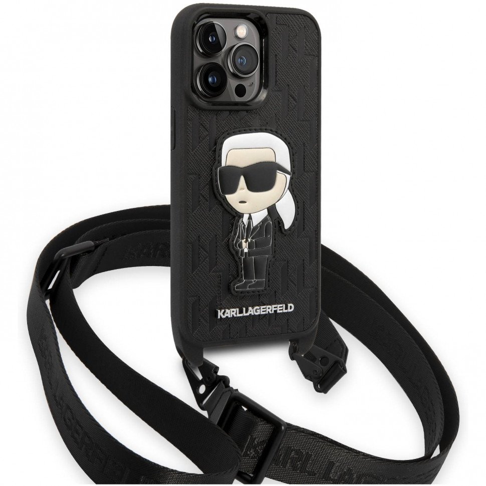 Чехол Lagerfeld для iPhone 14 Pro Max Crossbody PU Monogram INFT konik patch w/Strap. Цвет: чёрный