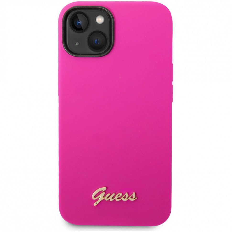 Чехол Guess для iPhone 14 Liquid silicone Gold metal logo Hard. Цвет: фуксия