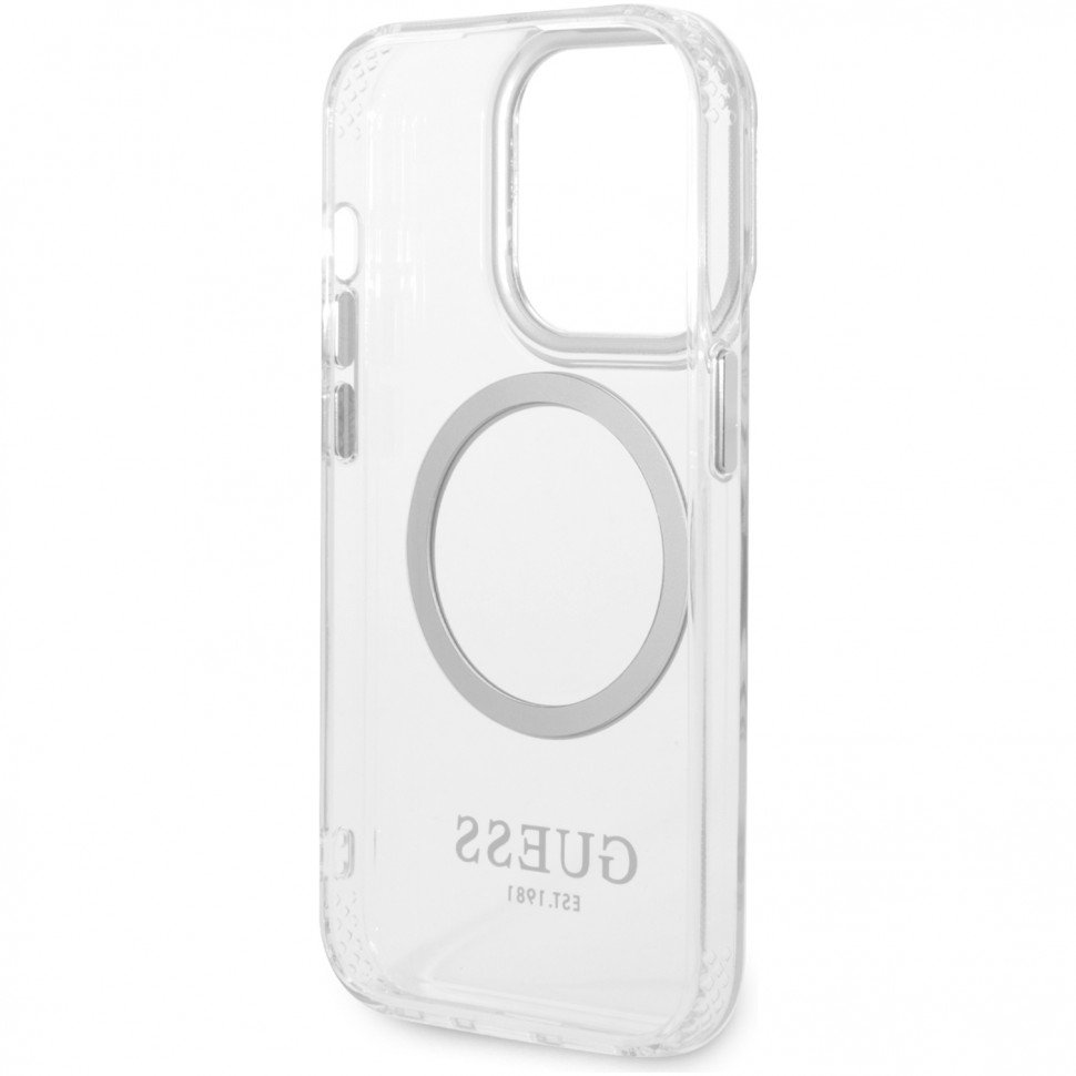 Чехол Guess для iPhone 14 Pro Max PC/TPU Metal outline Hard (MagSafe). Цвет: прозрачный/серебристый