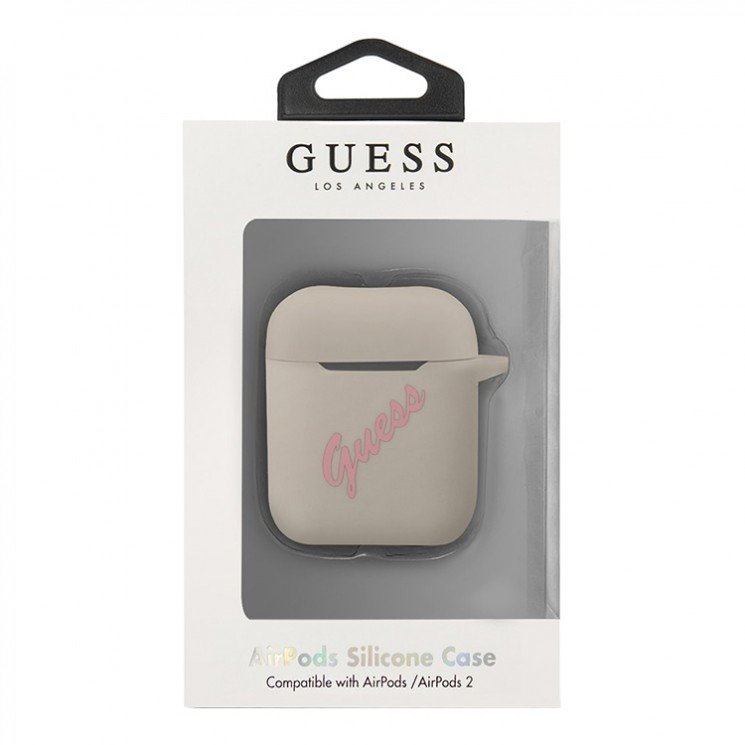 Чехол Guess Script logo для Airpods 1/2 силиконовый со шнурком. Цвет: серый/розовый