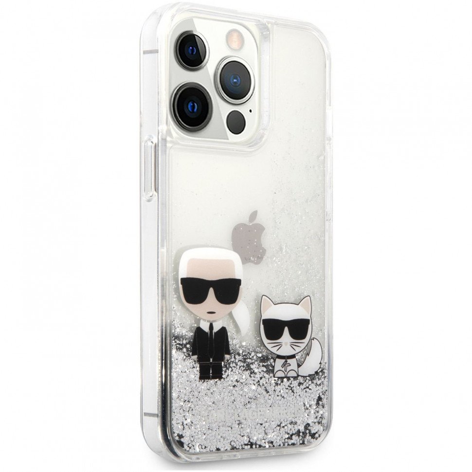 Чехол Lagerfeld для iPhone 13 Pro Max Liquid glitter Karl & Choupette Hard. Цвет: серебристый