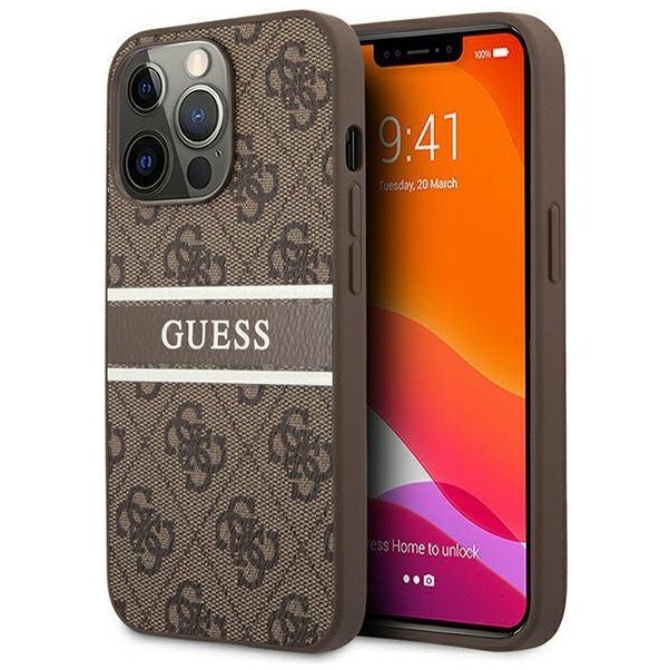 Чехол Guess для iPhone 13 Pro Max PU 4G Stripe printed logo Hard. Цвет: коричневый