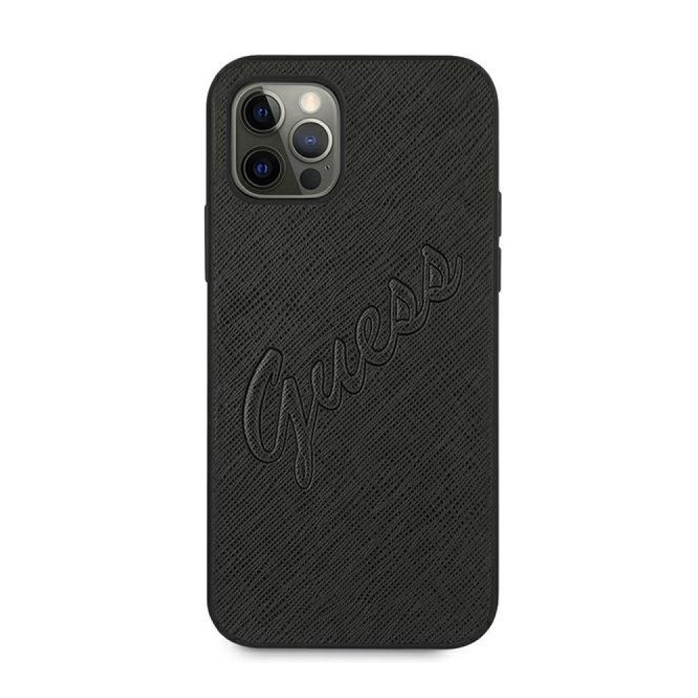 Чехол Guess для iPhone 12/12 Pro Saffiano Script embossed logo. Цвет: чёрный