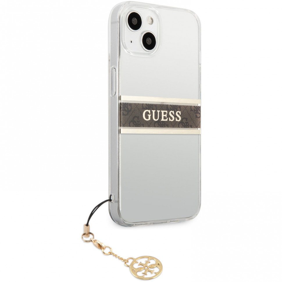 Чехол Guess для iPhone 13 mini PC/TPU 4G Stripe Hard+charm. Цвет: прозрачный/золотой