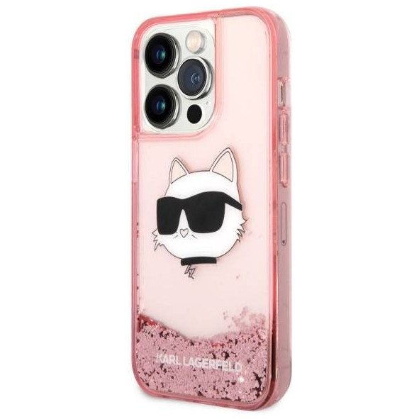 Чехол Lagerfeld для iPhone 14 Pro Max Liquid glitter NFT Choupette head Hard. Цвет: розовый