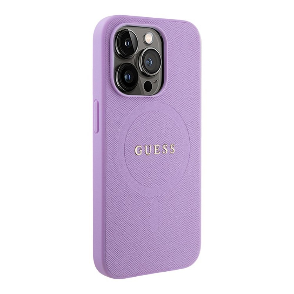 Чехол Guess PU Saffiano with metal logo Hard MagSafe для iPhone 15 Pro Max. Цвет: фиолетовый