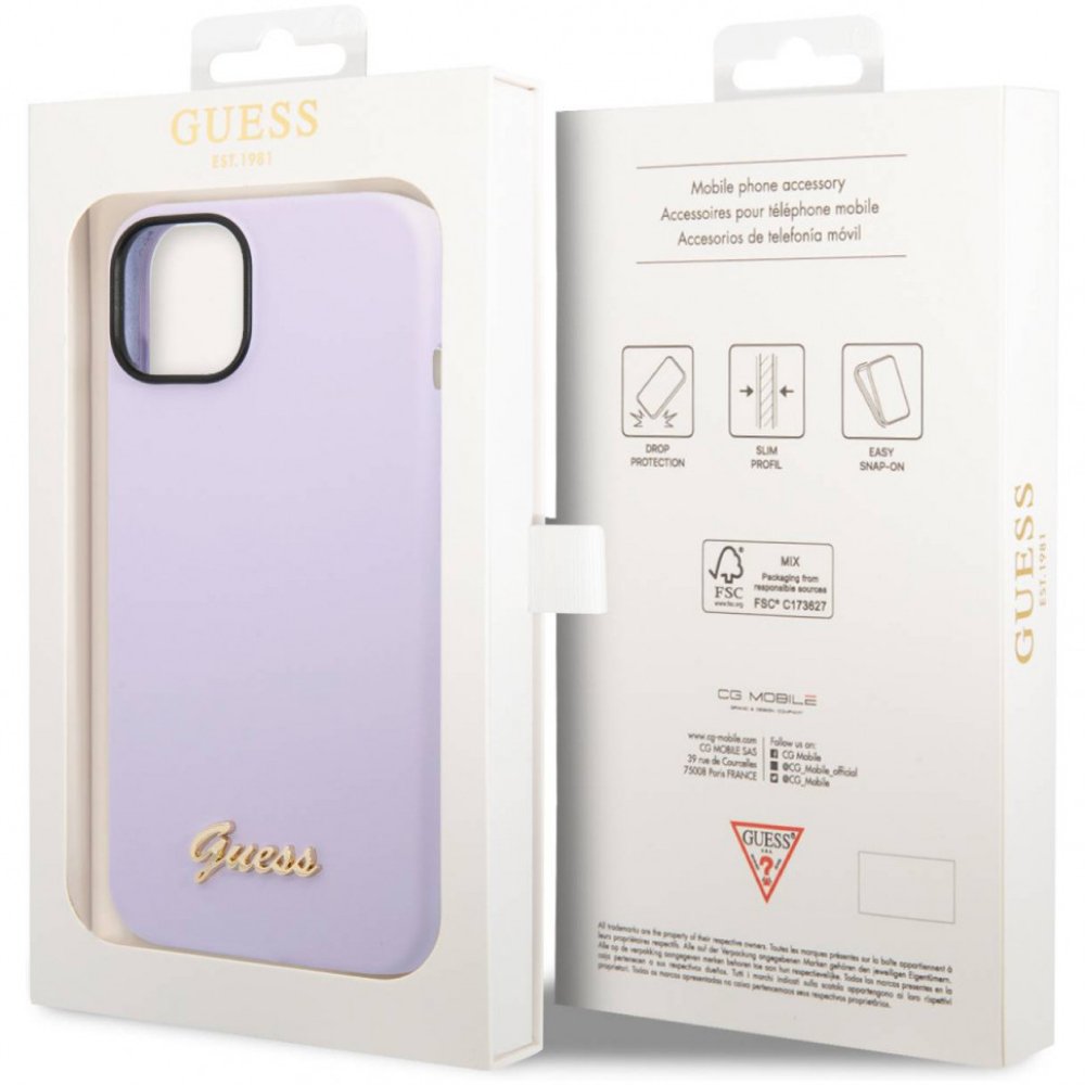 Чехол Guess для iPhone 14 Liquid silicone Gold metal logo Hard. Цвет: фиолетовый