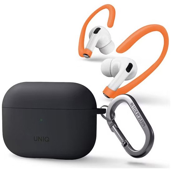 Чехол UNIQ NEXO для AirPods Pro 2, силикон с карабином и заушинами. Цвет: серый