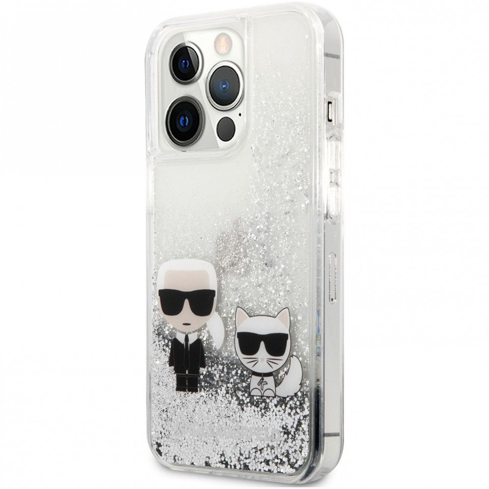 Чехол Lagerfeld для iPhone 13 Pro Max Liquid glitter Karl & Choupette Hard. Цвет: серебристый