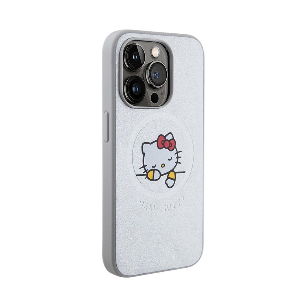 Чехол Hello Kitty PU Leather Kitty Asleep для iPhone 15 Pro. Цвет: серебристый