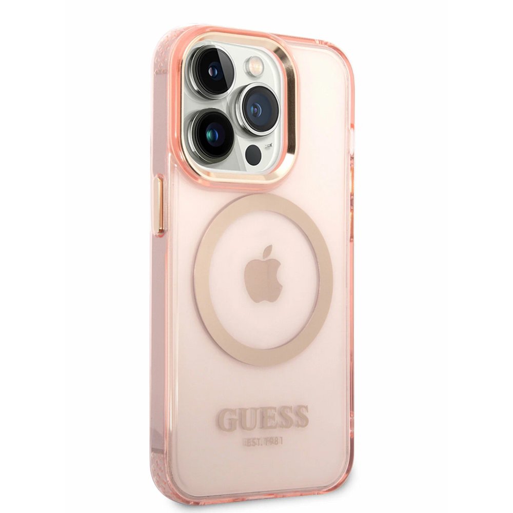 Чехол Guess для iPhone 14 Pro Max PC/TPU Metal outline Hard (MagSafe). Цвет: розовый/золотой