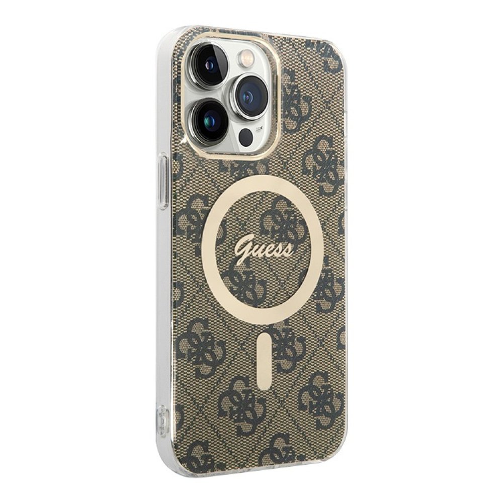 Чехол Guess PC/TPU 4G Hard MagSafe для iPhone 15 Pro. Цвет: коричневый/золотой