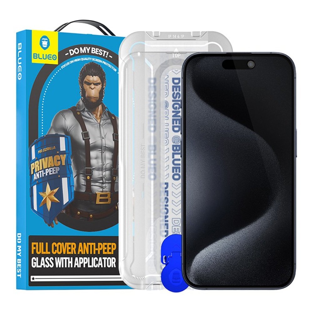 Защитное стекло BlueO Anti-peep Black (приватное)+installer для iPhone 15 Pro Max