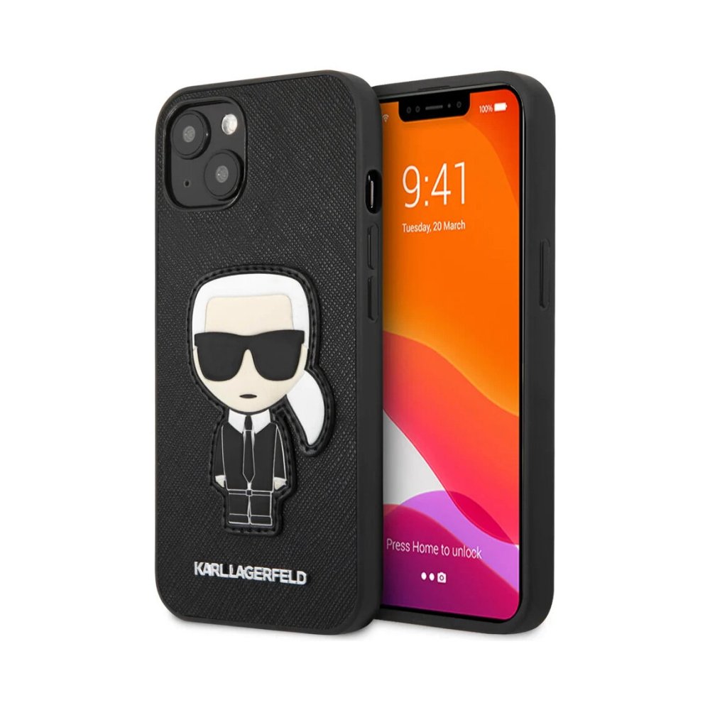 Чехол Lagerfeld для iPhone 13 PU Saffiano Ikonik Patch (metal) Hard. Цвет: чёрный