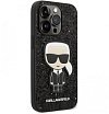 Чехол Lagerfeld для iPhone 14 Pro Glitter flakes Ikonik patch Metal logo Hard. Цвет: чёрный