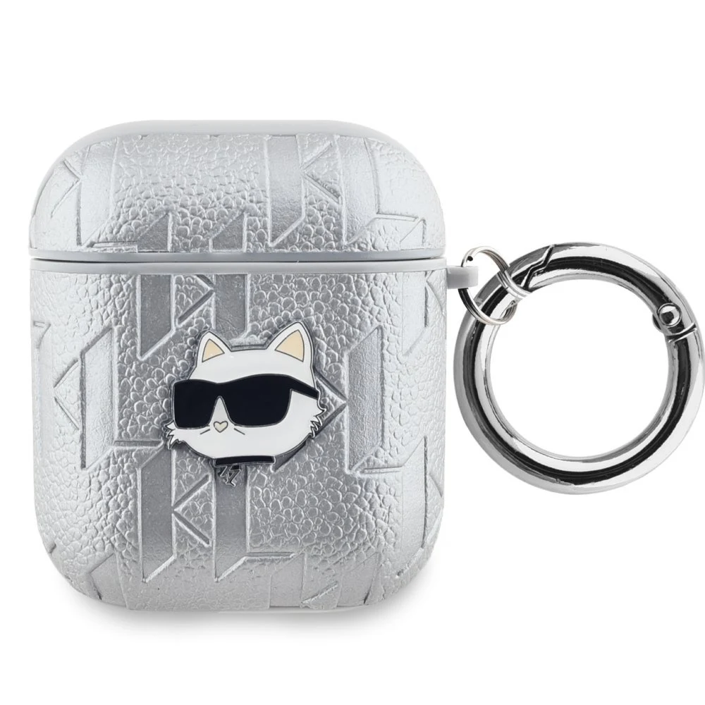 Чехол Lagerfeld PU Saffiano Monogram with ring NFT Metal Head Choupette для Airpods 1/2. Цвет: сереб