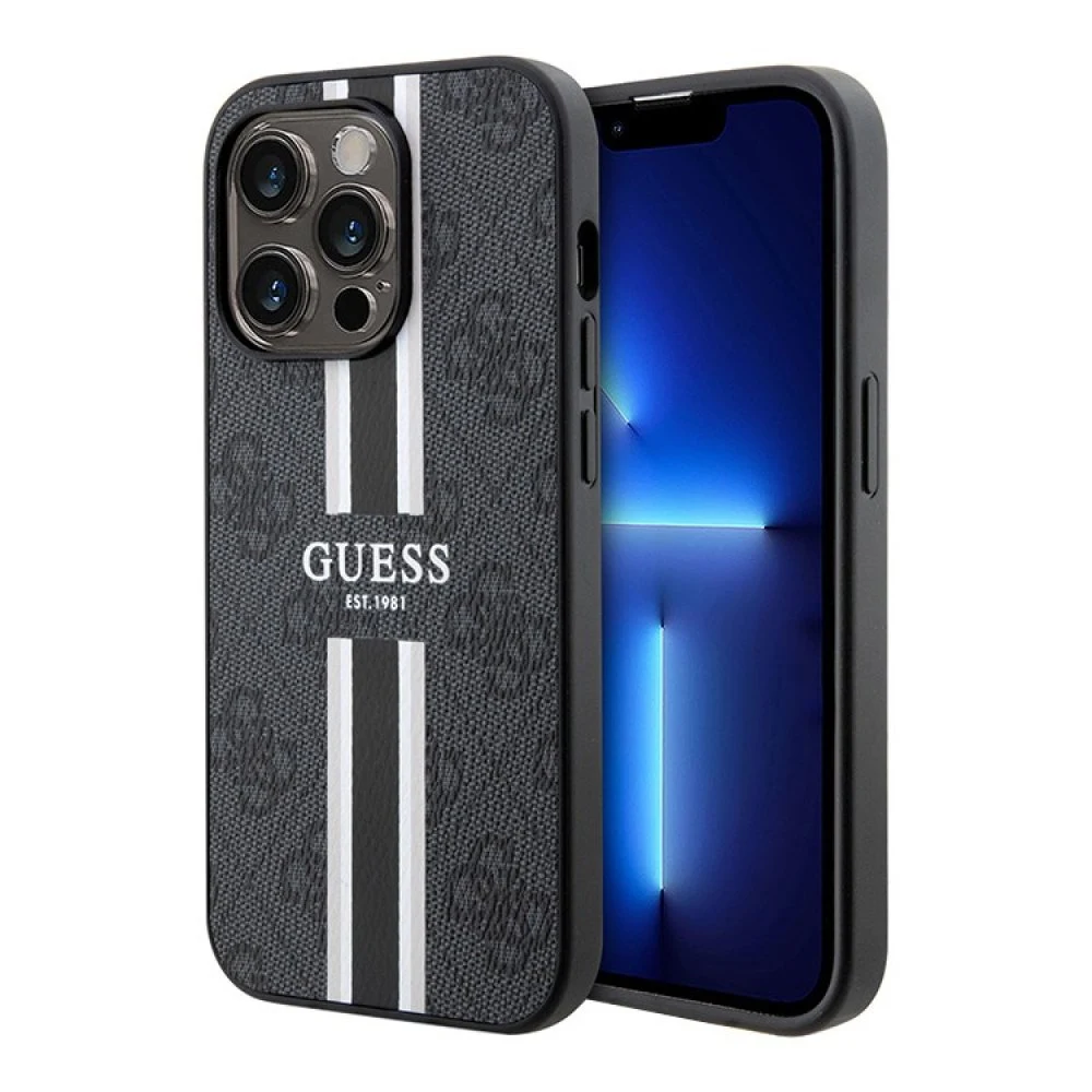 Чехол Guess PU 4G Stripes Hard MagSafe для iPhone 15 Pro. Цвет: чёрный