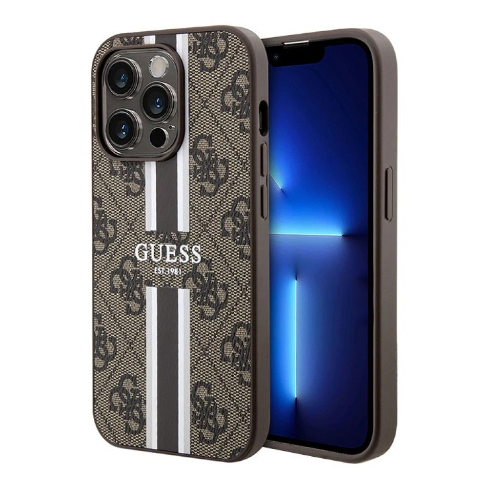 Чехол Guess PU 4G Stripes Hard MagSafe для iPhone 15 Pro. Цвет: коричневый