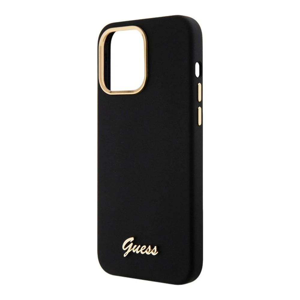 Чехол Guess Liquid silicone Gold metal logo & Camera frame для iPhone 15 Pro Max. Цвет: чёрный