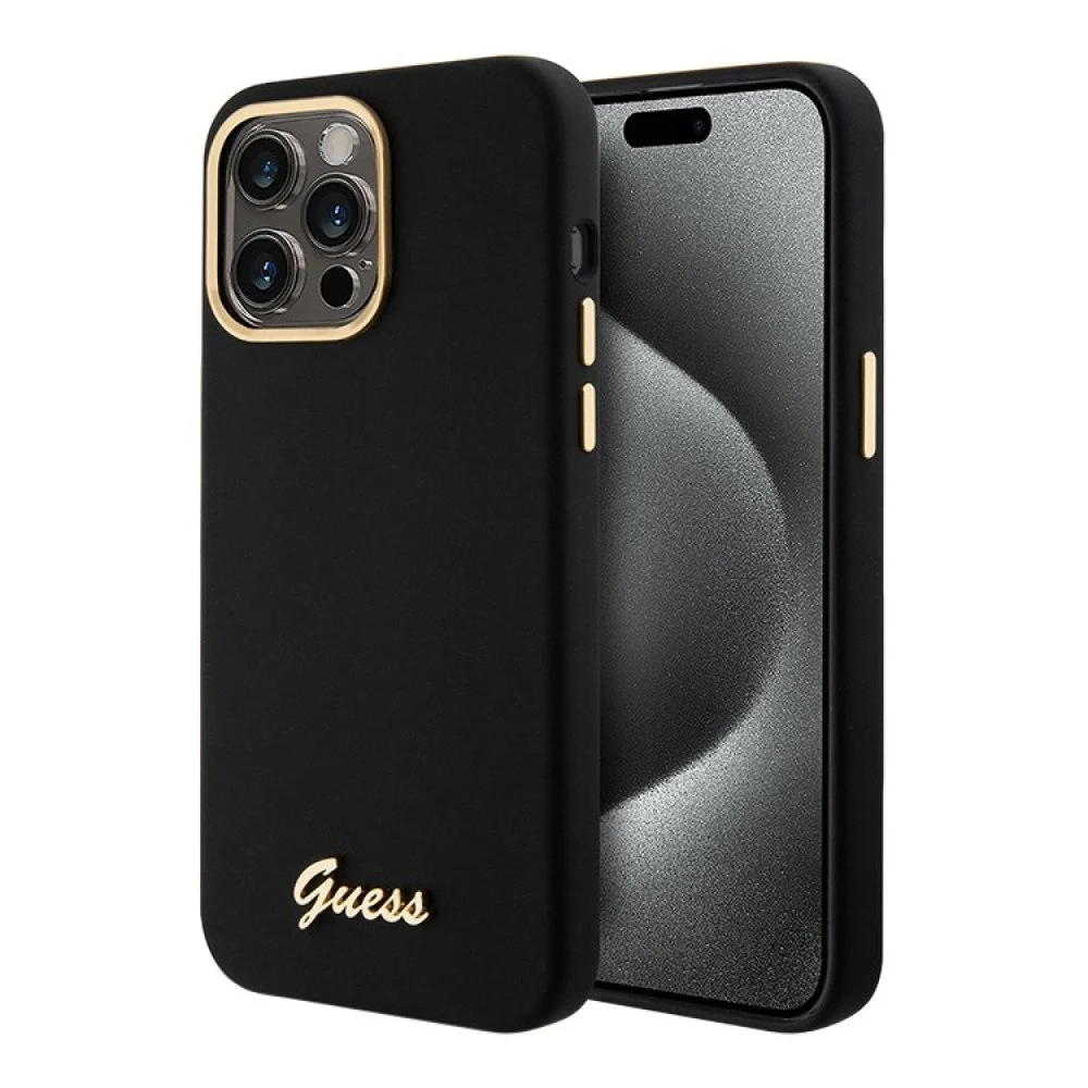 Чехол Guess Liquid silicone Gold metal logo & Camera frame для iPhone 15 Pro Max. Цвет: чёрный